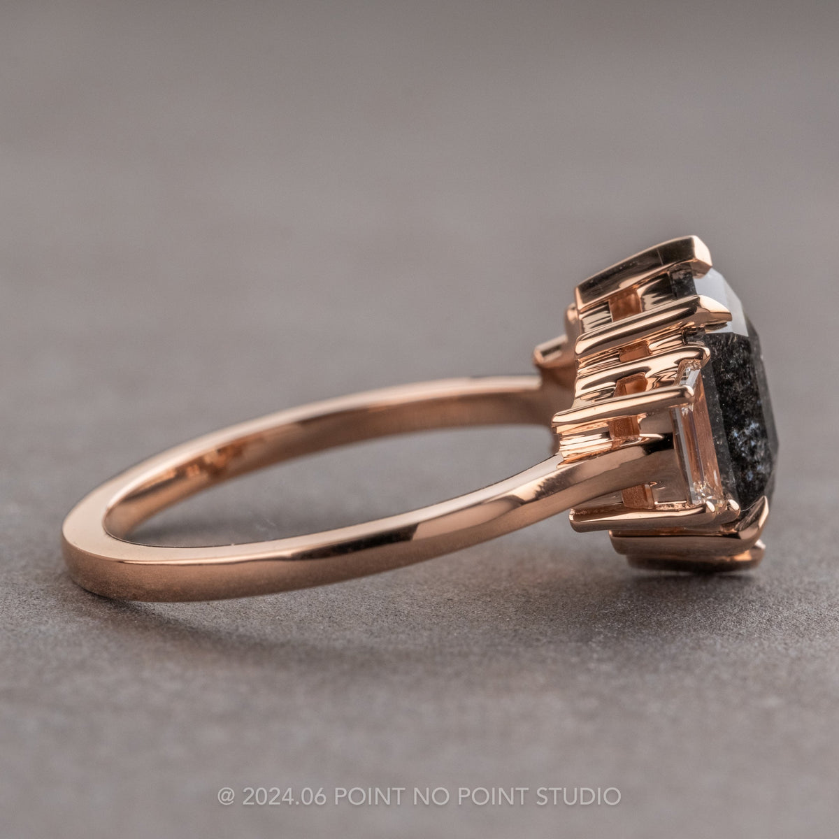 2.18 Carat Black Speckled Hexagon Diamond Engagement Ring, Lea Setting, 14K Rose Gold