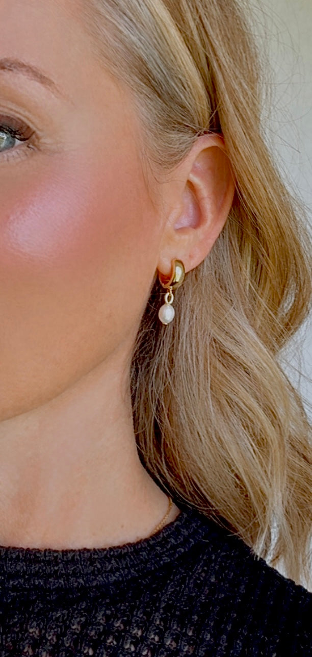 Chunky Gold Filled Hoop Huggies with Pearl Dangle Drops - June Birthstone