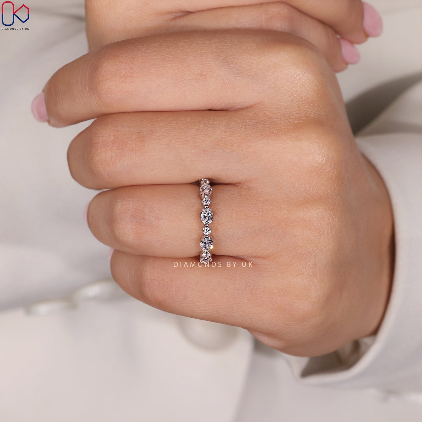 Oval and Round Diamond Wedding Band – Half Eternity Style