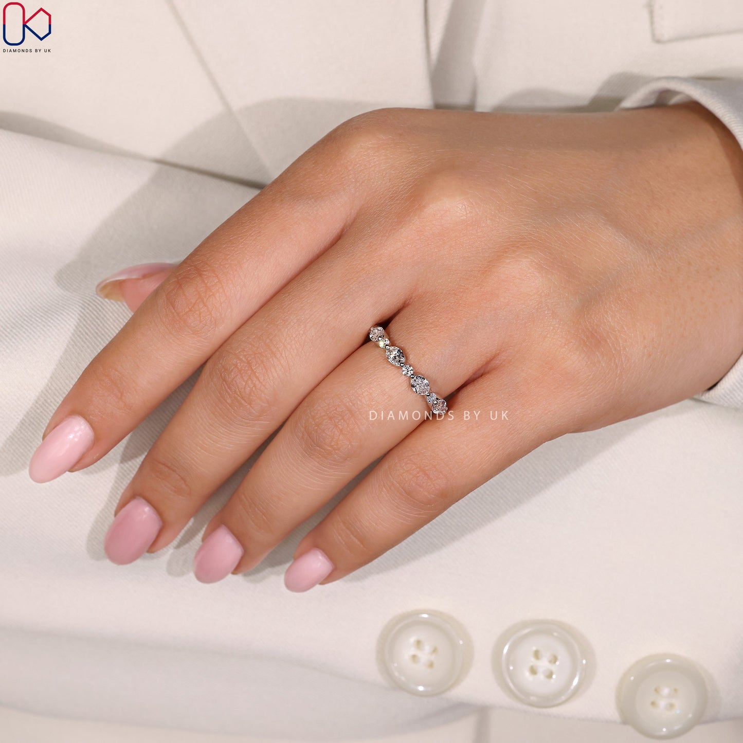Oval and Round Diamond Wedding Band – Half Eternity Style