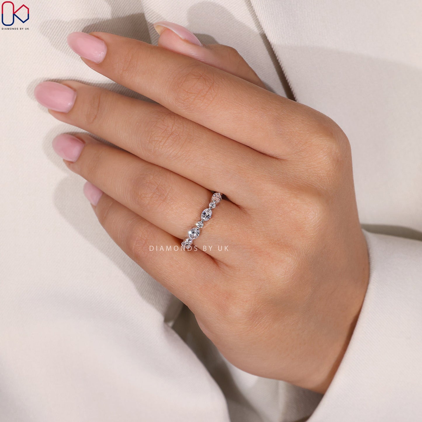 Oval and Round Diamond Wedding Band – Half Eternity Style