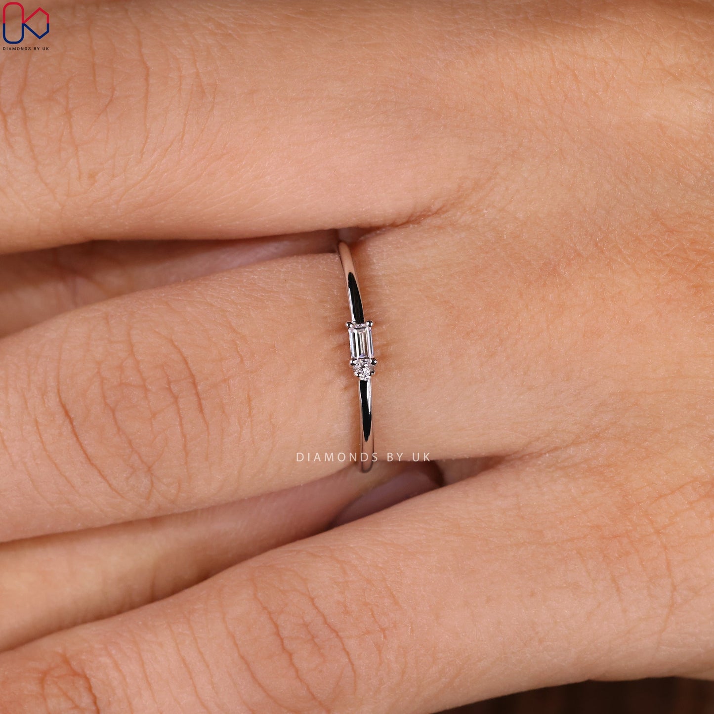 Round And Baguette Womens White Gold Wedding Band
