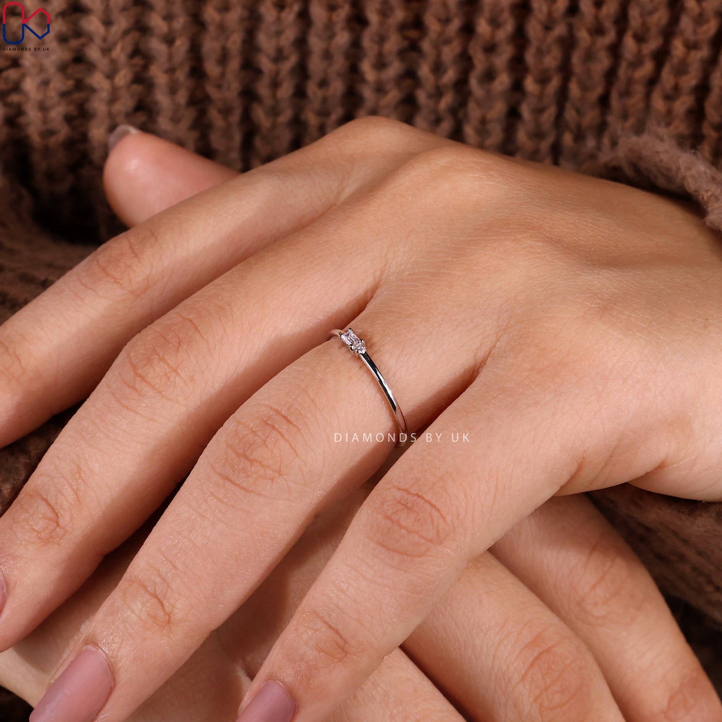 Round And Baguette Womens White Gold Wedding Band