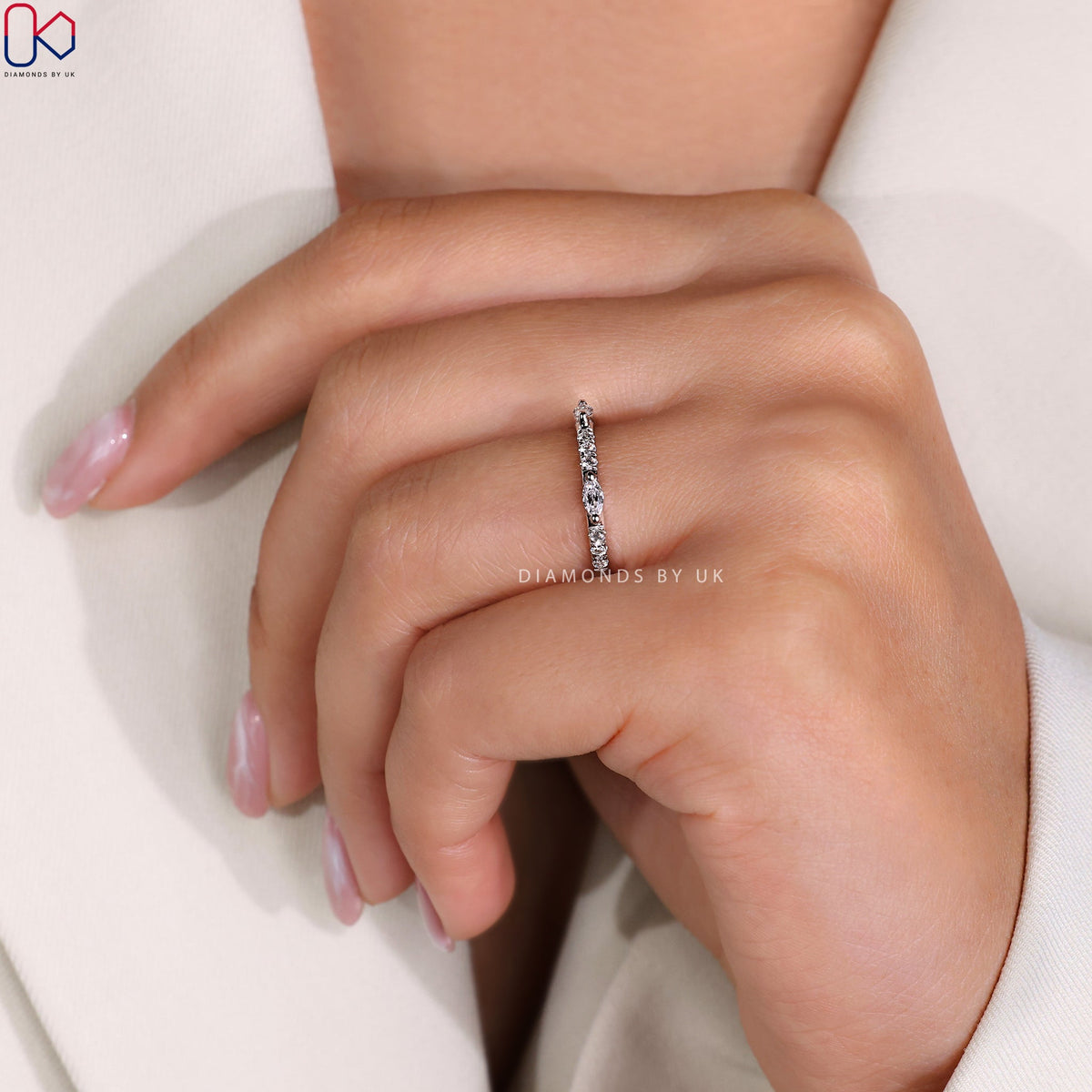 Round And Marquise Wedding Band In White Gold
