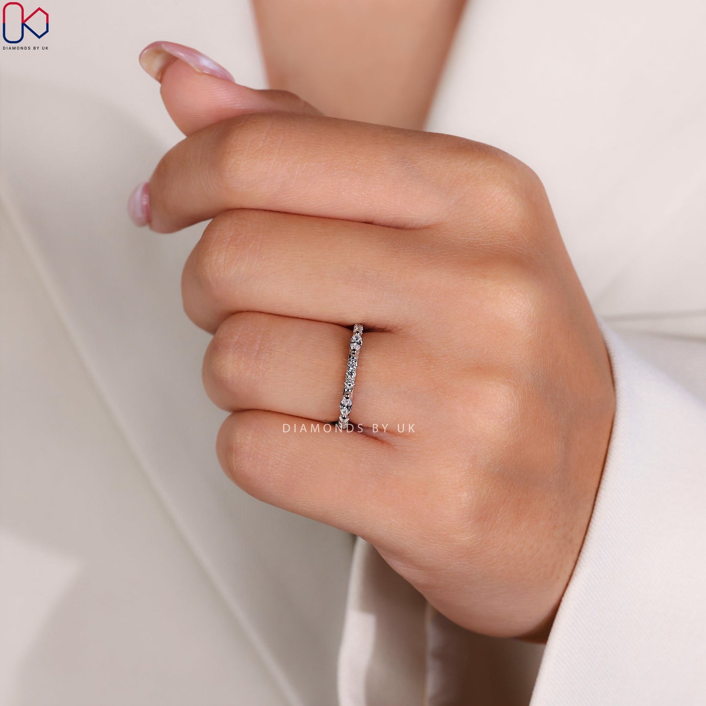 Round And Marquise Wedding Band In White Gold