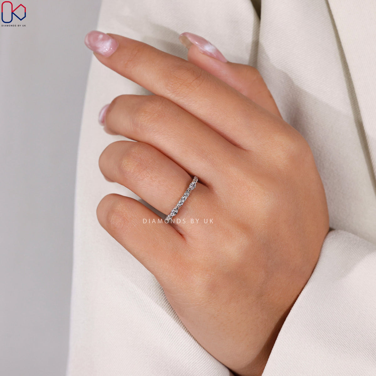 Round And Marquise Wedding Band In White Gold