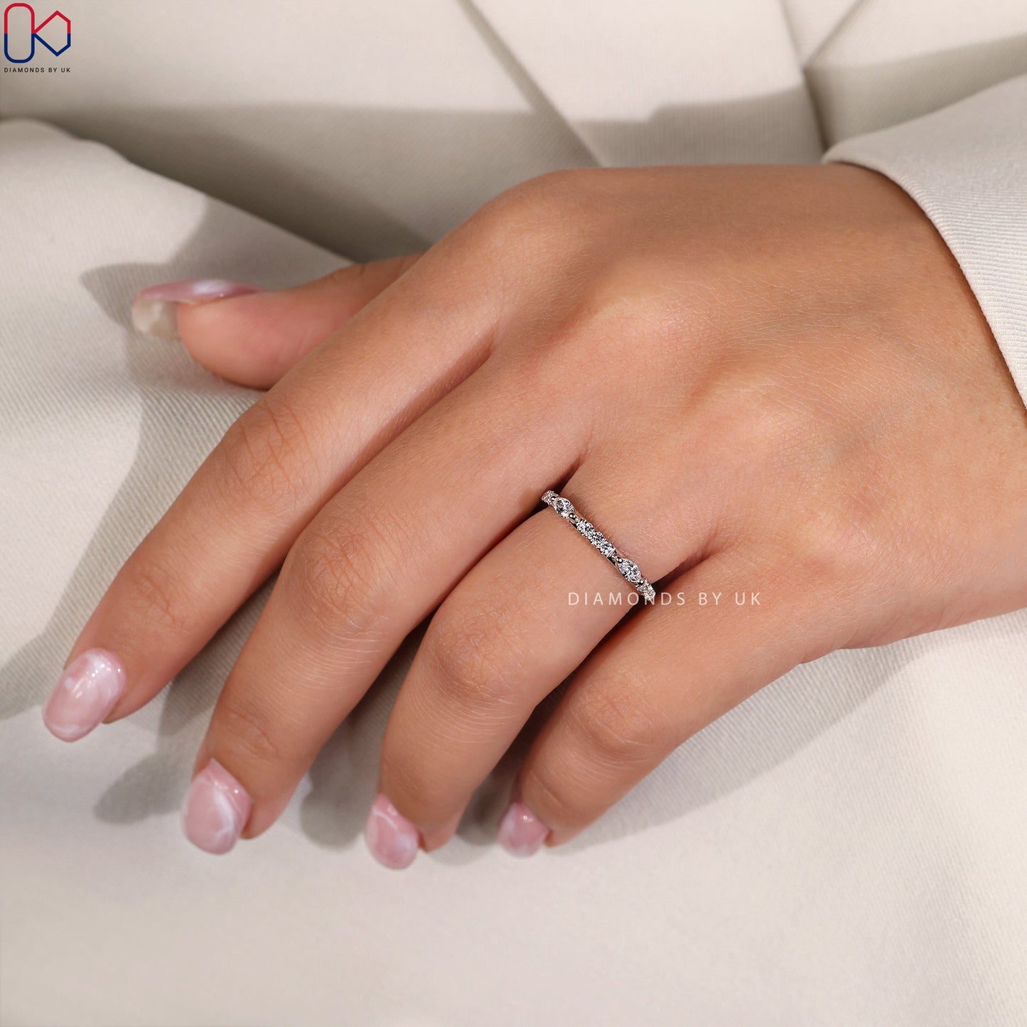 Round And Marquise Wedding Band In White Gold