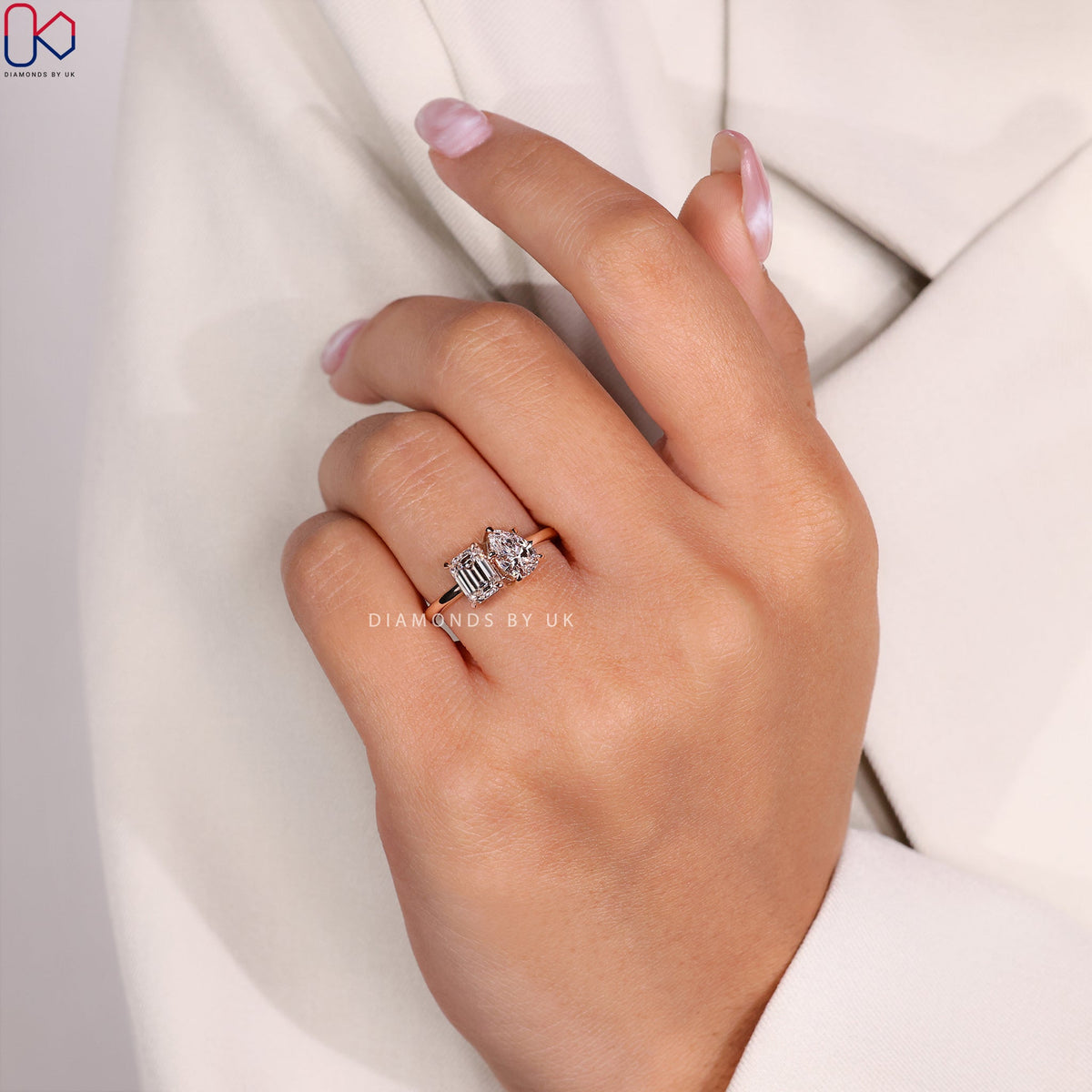 Toi et Moi Ring - Emerald and Pear Diamond