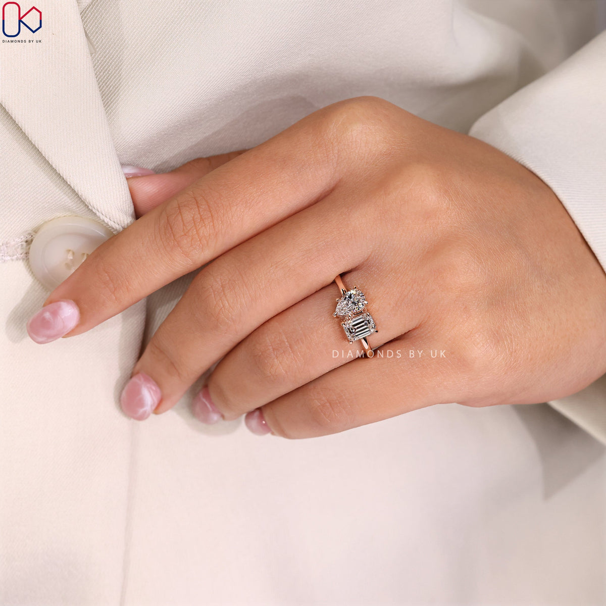 Toi et Moi Ring - Emerald and Pear Diamond
