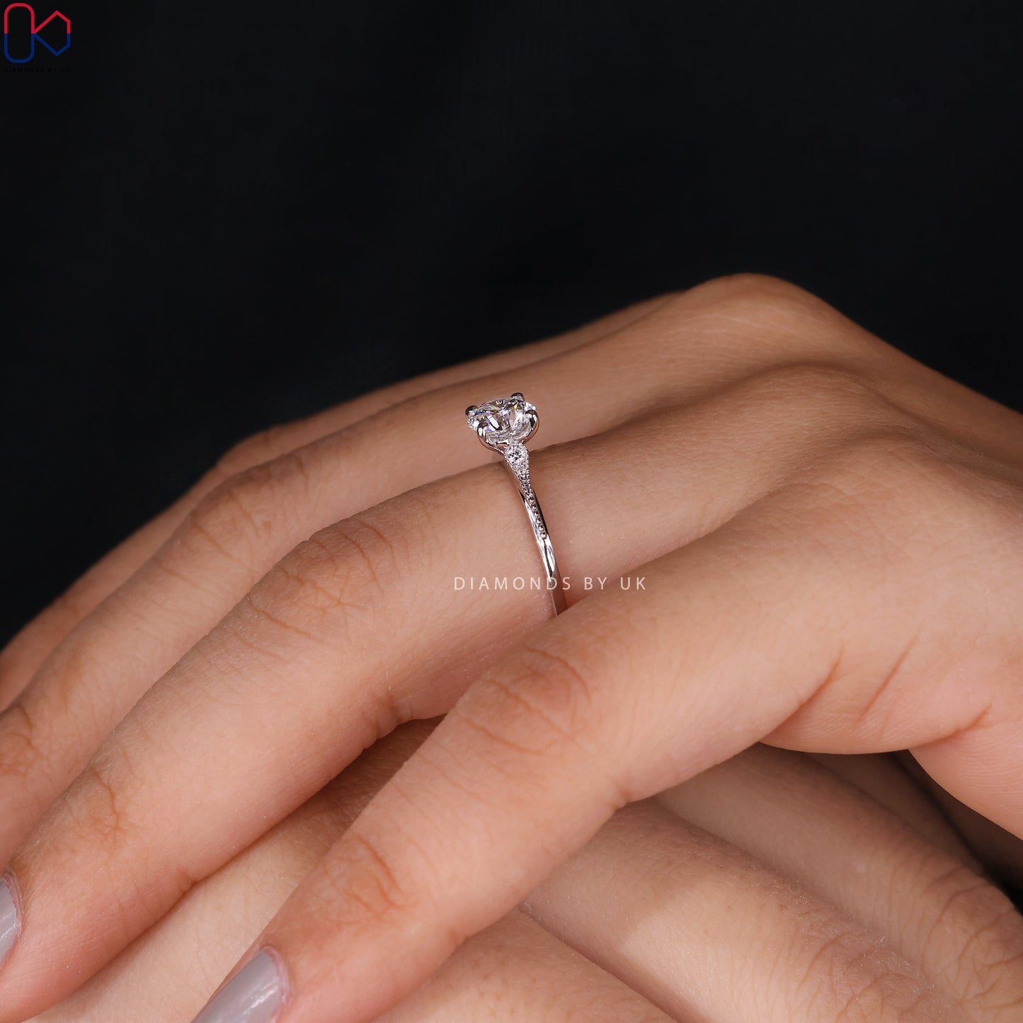 Round Diamond Side Stone Engagement Ring