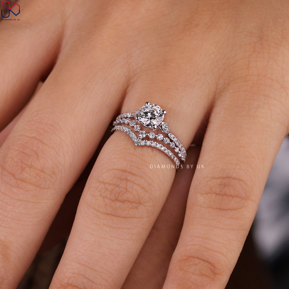 White Gold Pave Engagement Ring With Wedding Band