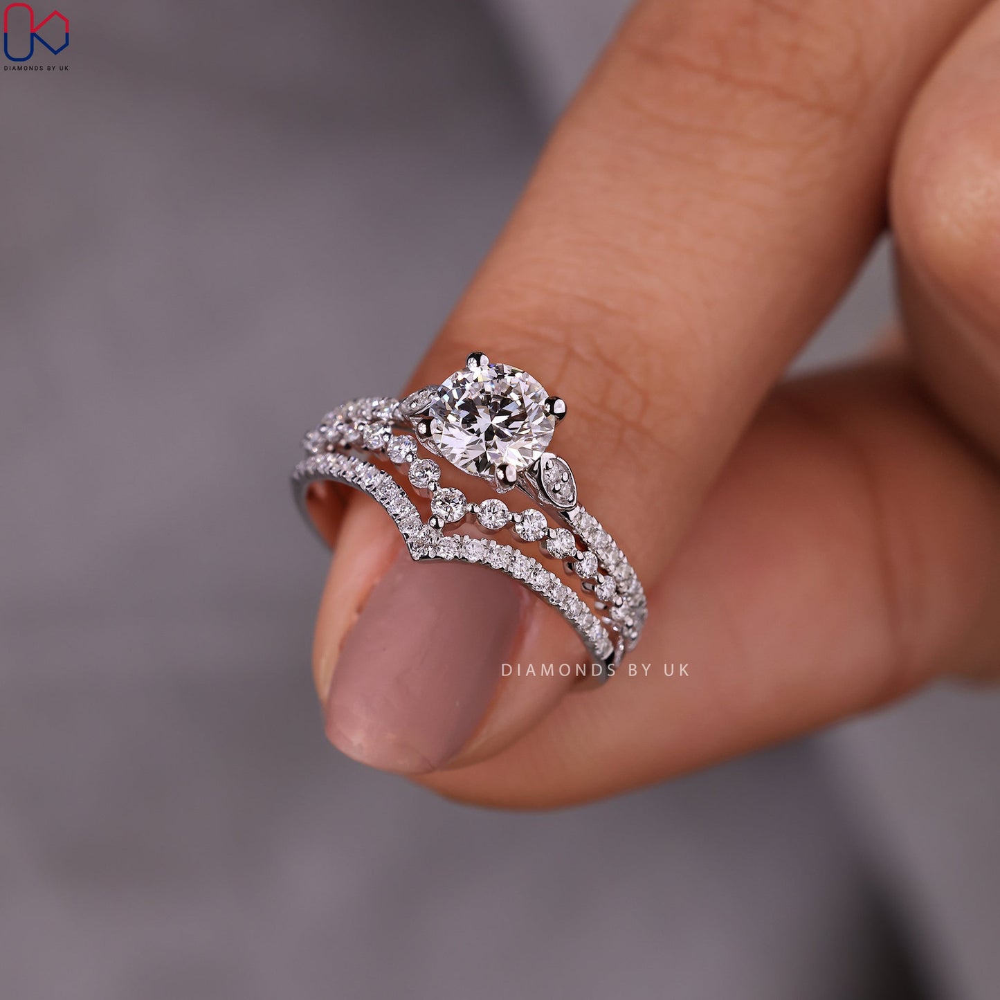 White Gold Pave Engagement Ring With Wedding Band