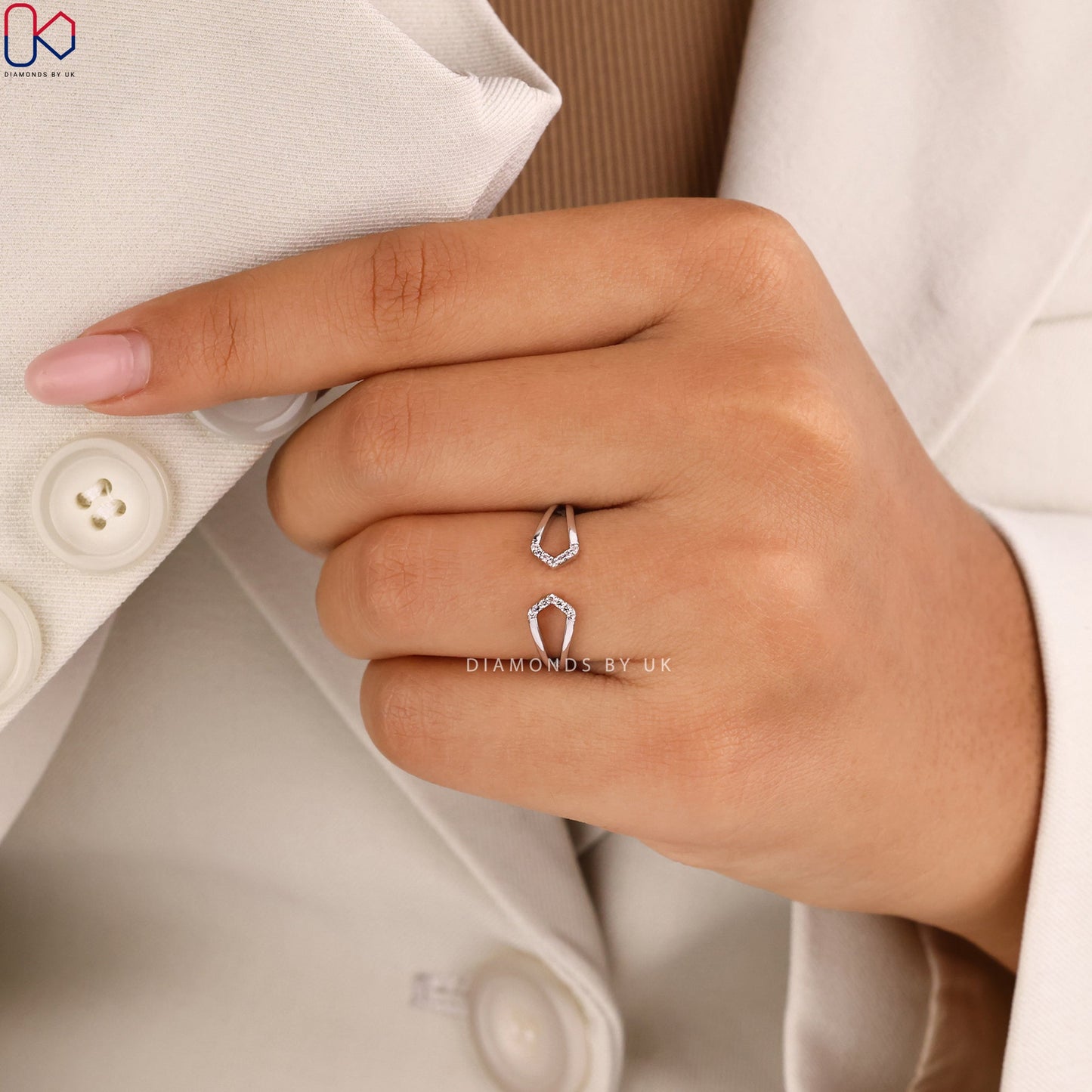 Round Cut Geometric Cuff Ring In White Gold