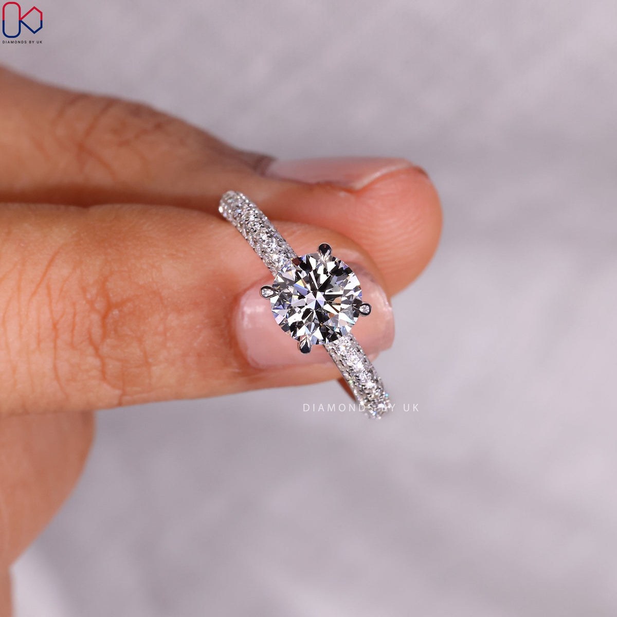 Round Diamond 3 Sided Pave Engagement Ring
