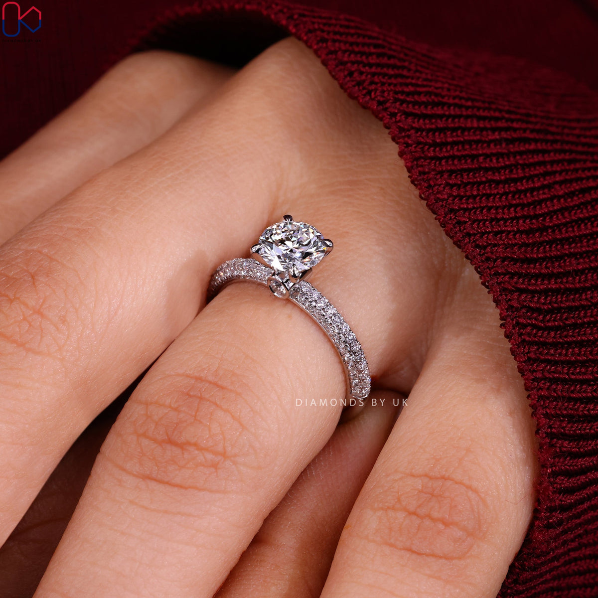 Round Diamond 3 Sided Pave Engagement Ring