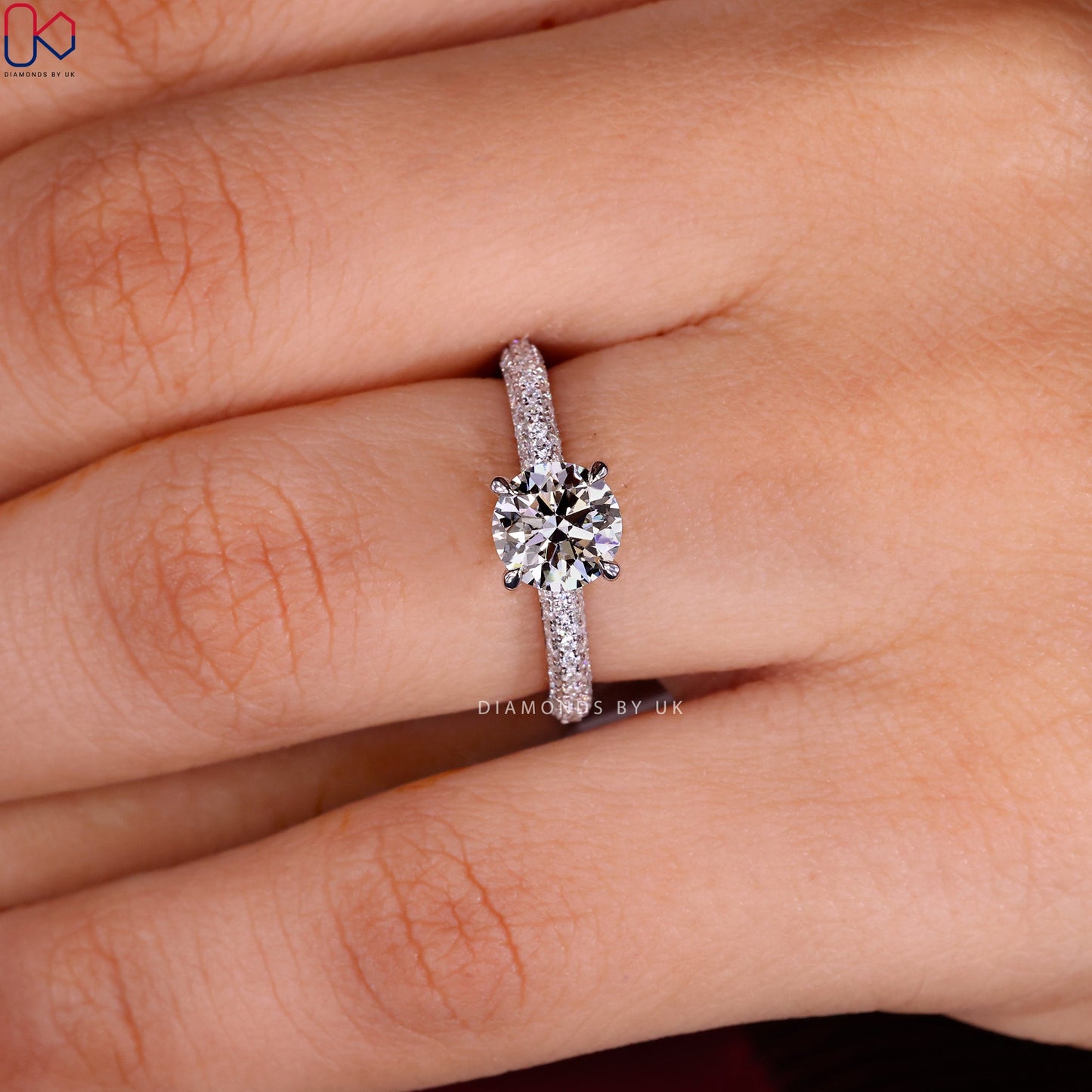 Round Diamond 3 Sided Pave Engagement Ring