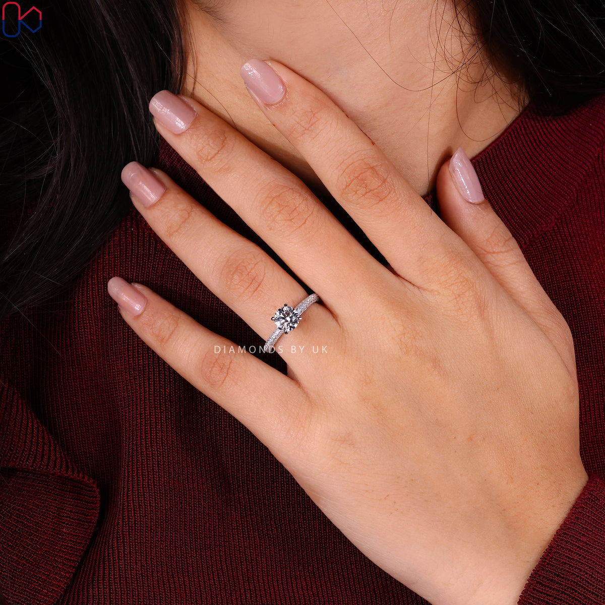 Round Diamond 3 Sided Pave Engagement Ring