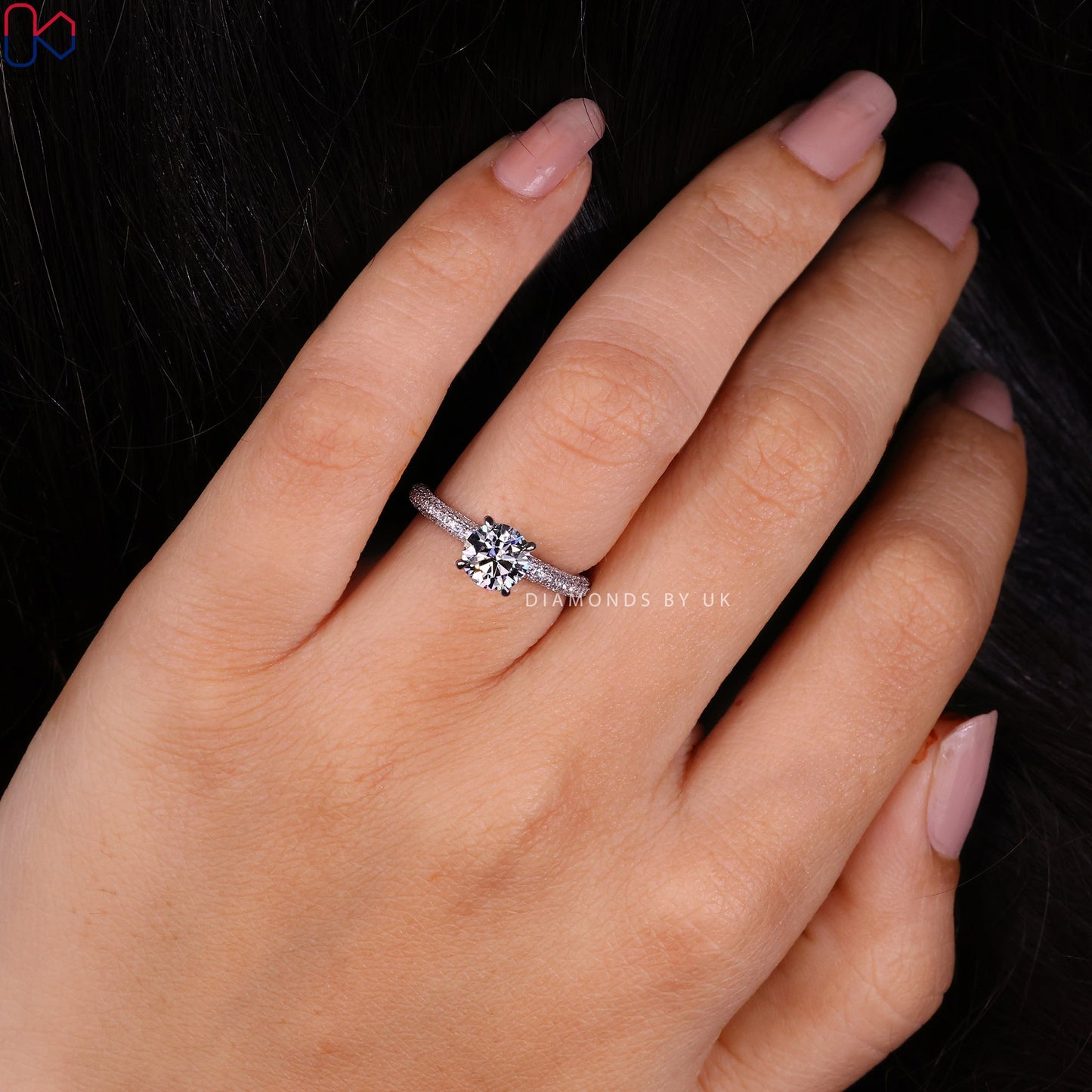 Round Diamond 3 Sided Pave Engagement Ring