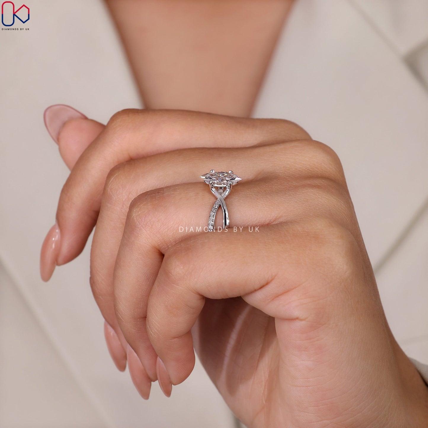 Marquise Cut Diamond Ring - Twisted Pave Style