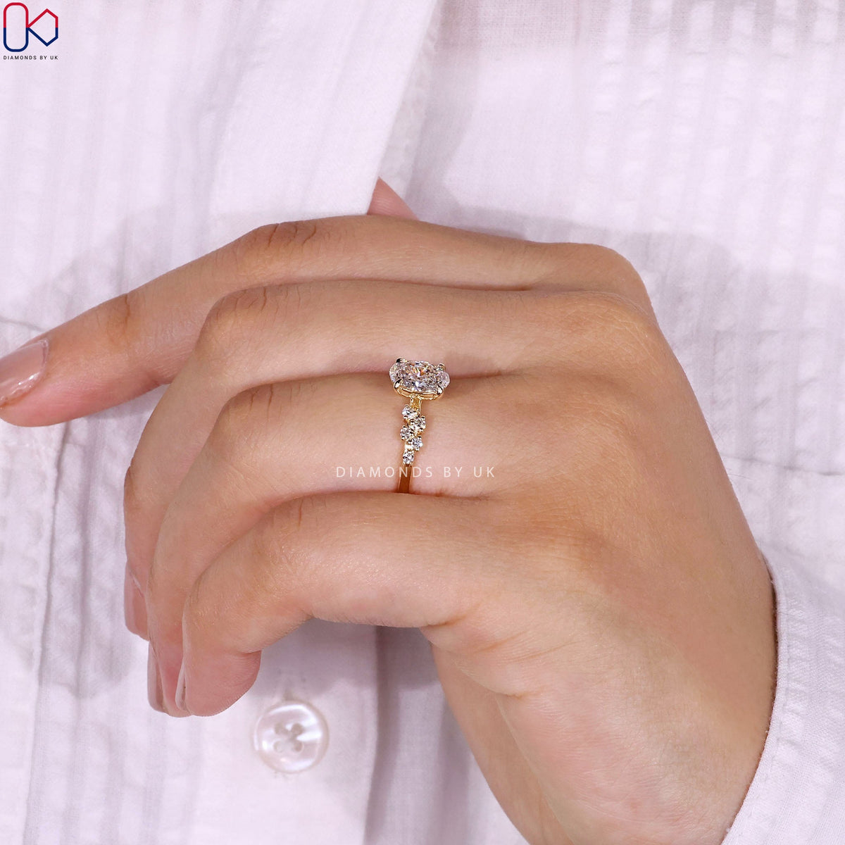 Oval Cut Diamond Ring With Zig Zag Shank Band