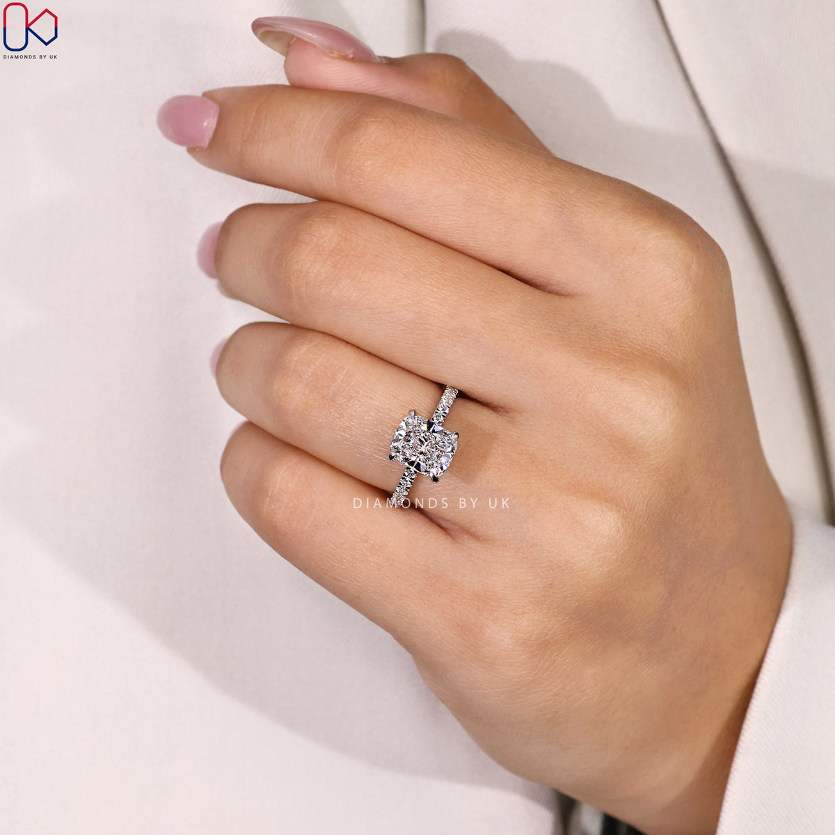 Cushion Cut Engagement Ring With Hidden Halo Style