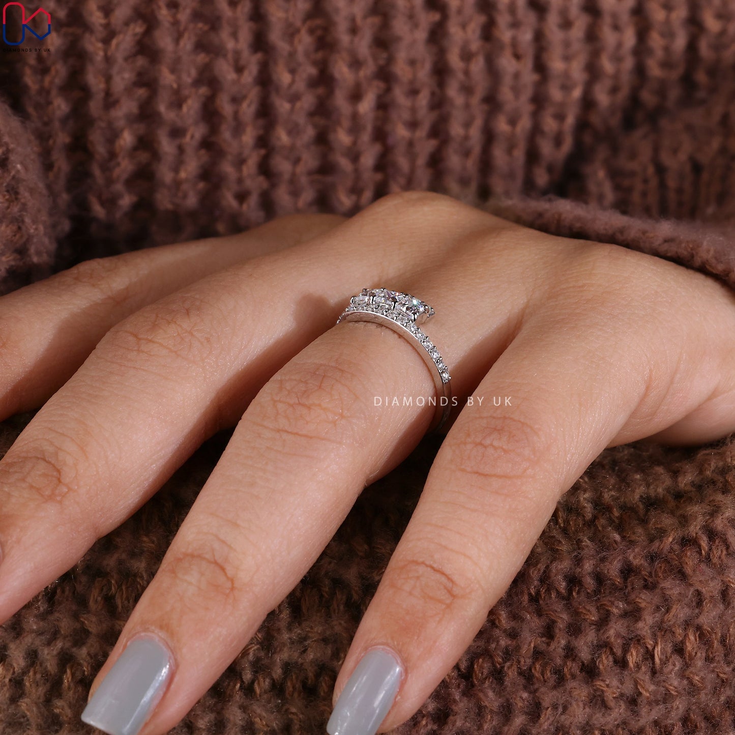 Three Diamond Princess Cut Wedding Band