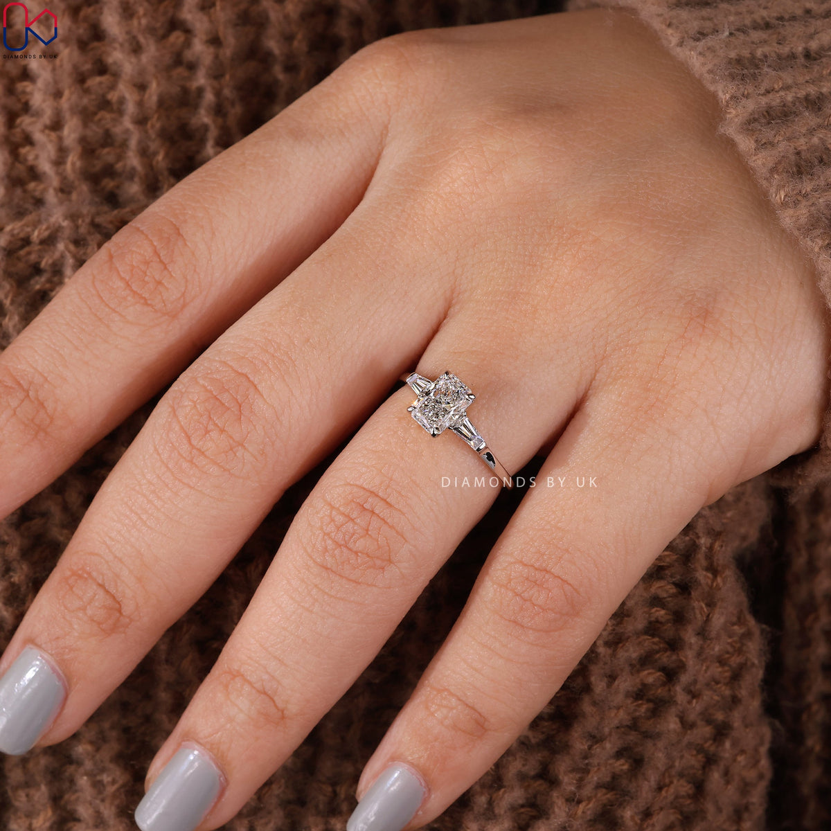 Radiant Cut Diamond Ring With Tapered Baguette Side Stone