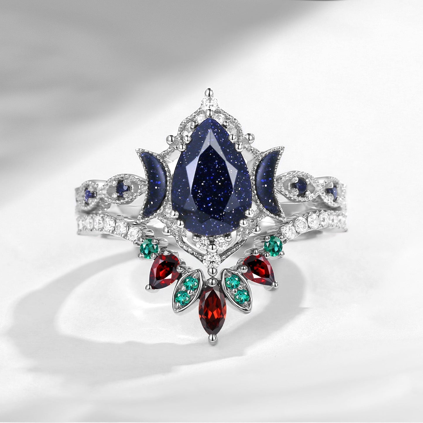 Crescent Moon | Colorful Pear Cut Blue Sandstone 'Ultra Galaxy' Milgrain Engagement Ring Set 2pcs