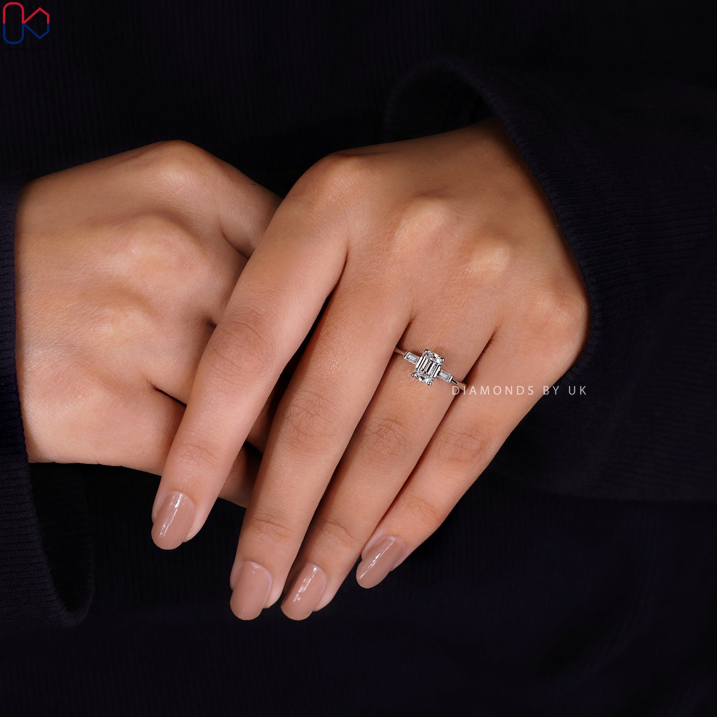 3 Stone Diamond Ring - Emerald and Baguette Cut