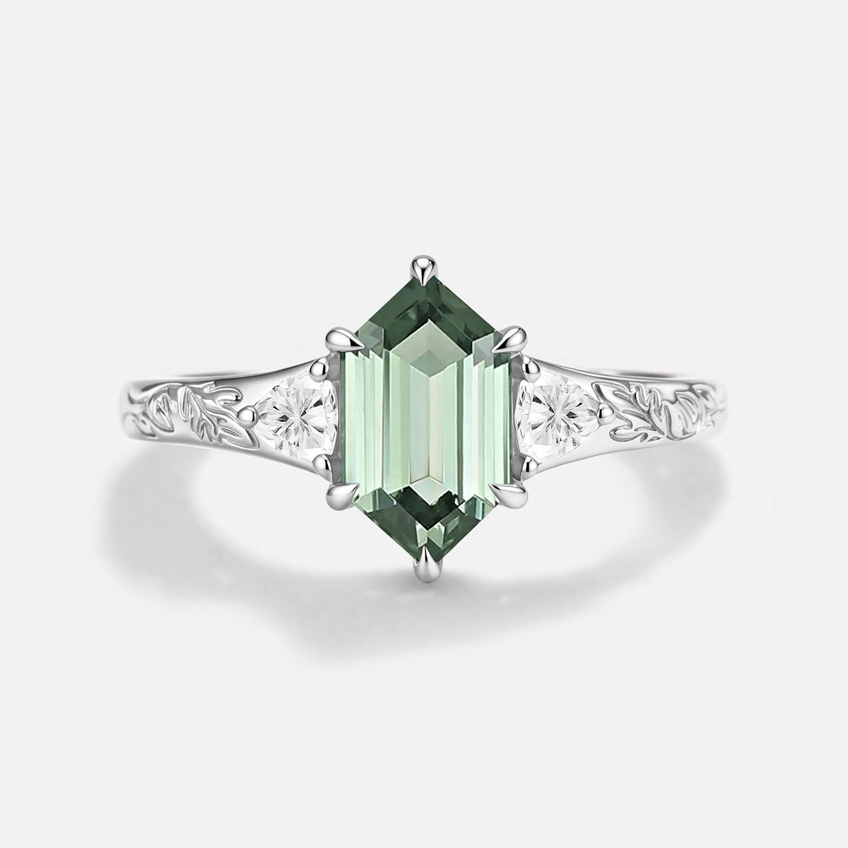 Long Hexagon Lab Green Sapphire Engraved Engagement Ring - Delphine