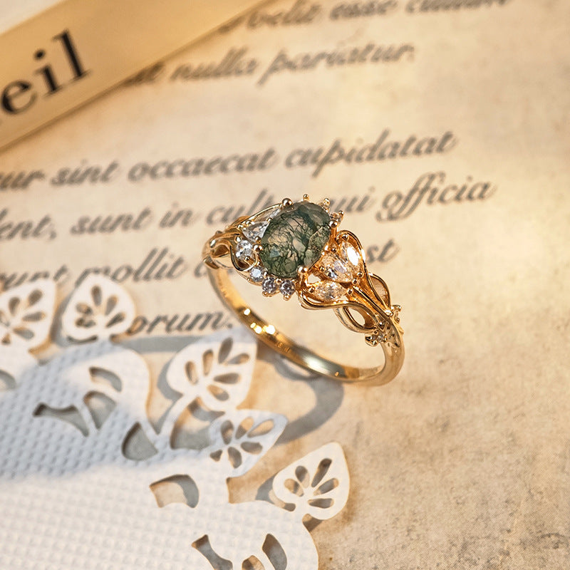 Oval Moss Agate Hollow Ring