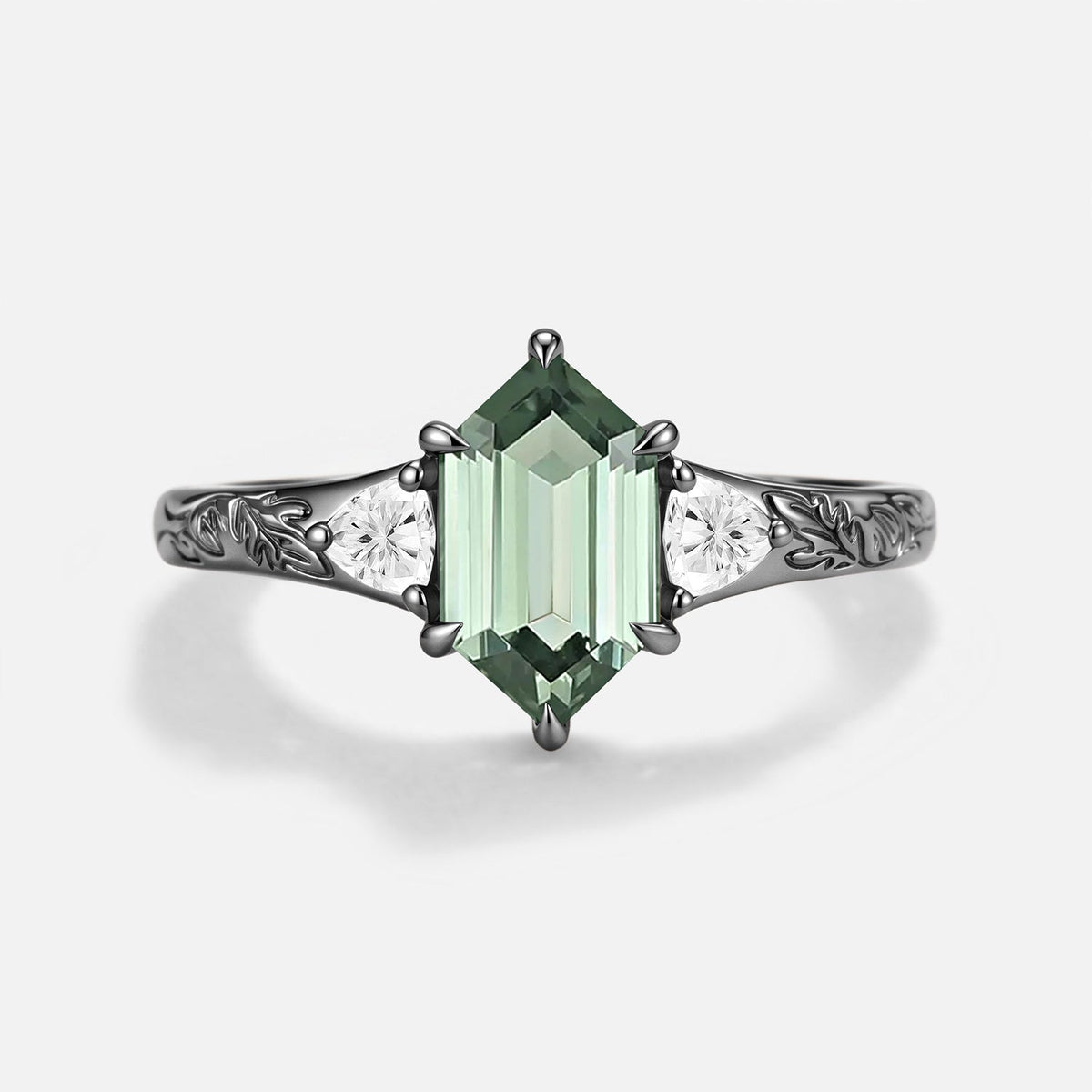Long Hexagon Lab Green Sapphire Engraved Engagement Ring - Delphine