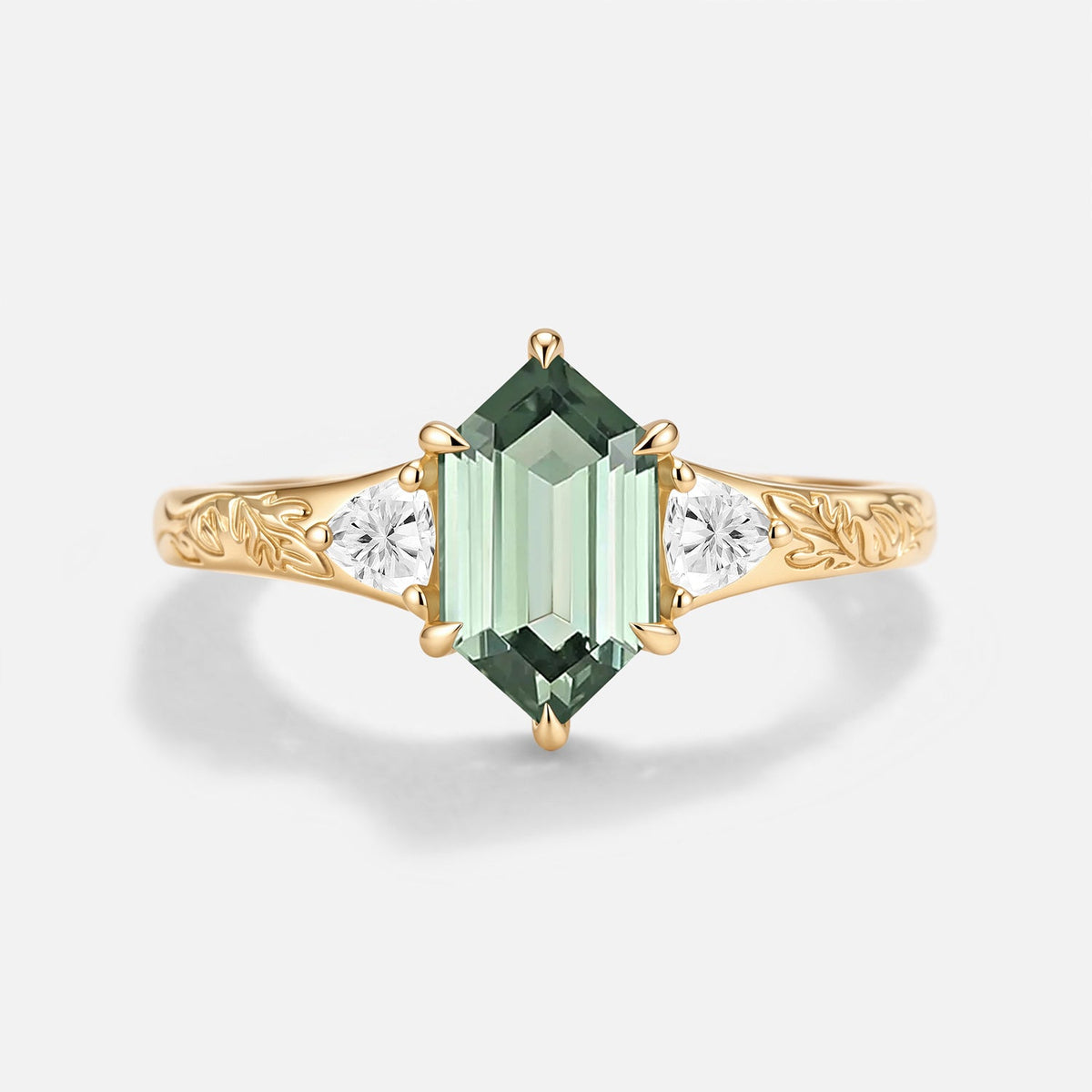 Long Hexagon Lab Green Sapphire Engraved Engagement Ring - Delphine