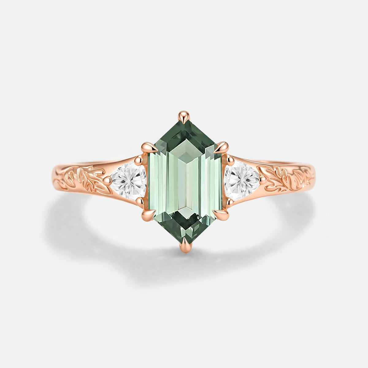 Long Hexagon Lab Green Sapphire Engraved Engagement Ring - Delphine