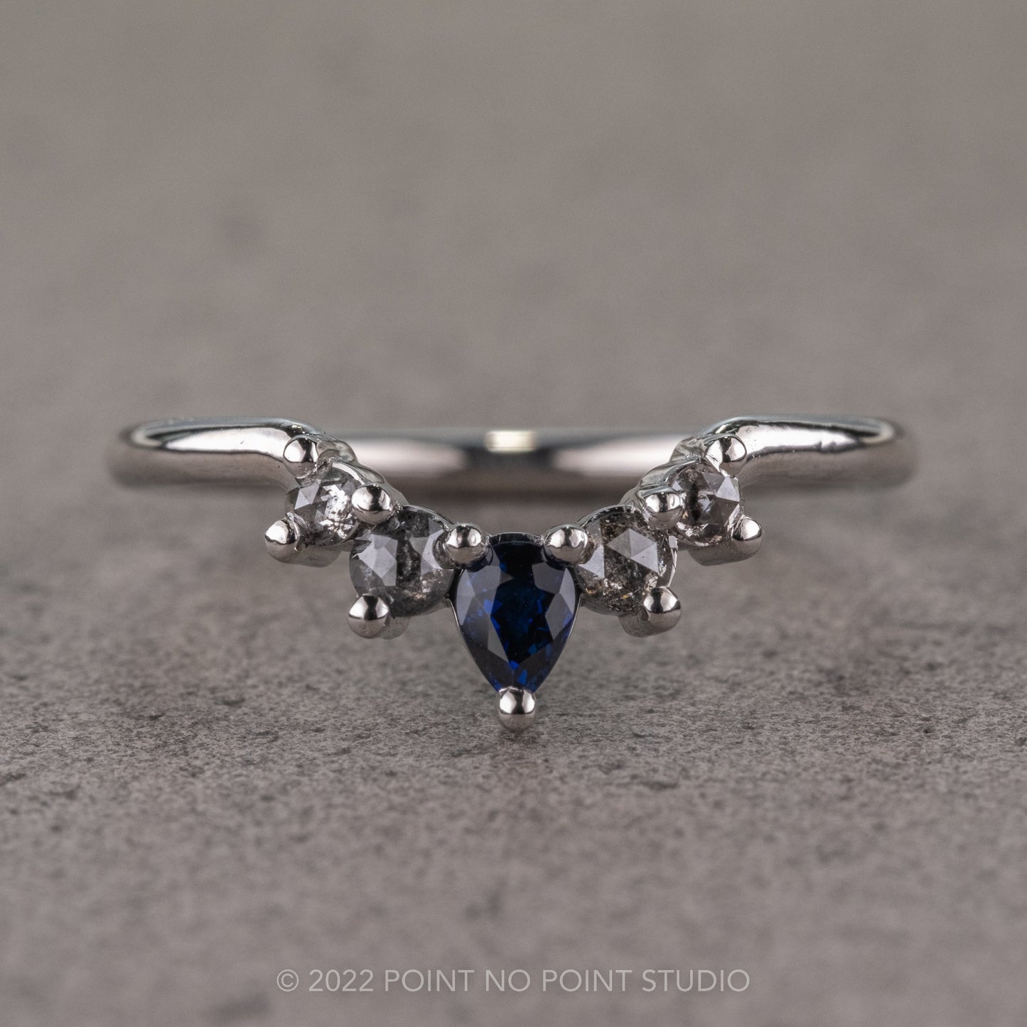 Cassie Wedding Ring, 5 Pear Sapphire and Salt and Pepper Diamonds, Round Band