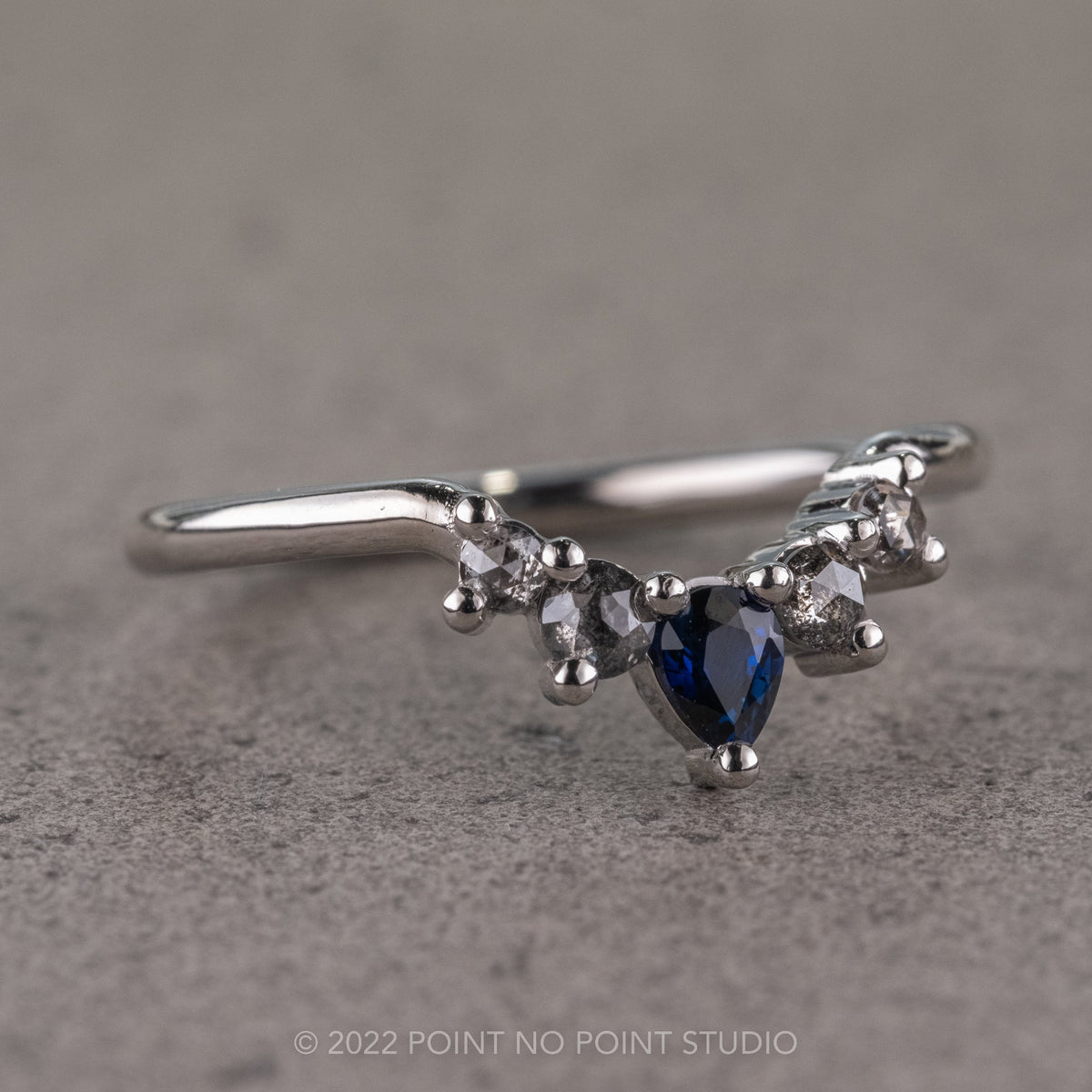 Cassie Wedding Ring, 5 Pear Sapphire and Salt and Pepper Diamonds, Round Band