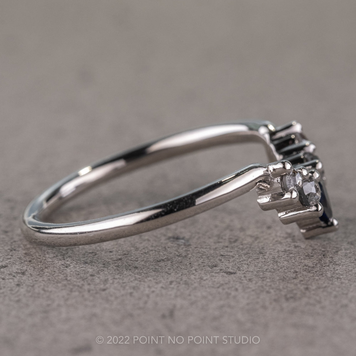 Cassie Wedding Ring, 5 Pear Sapphire and Salt and Pepper Diamonds, Round Band