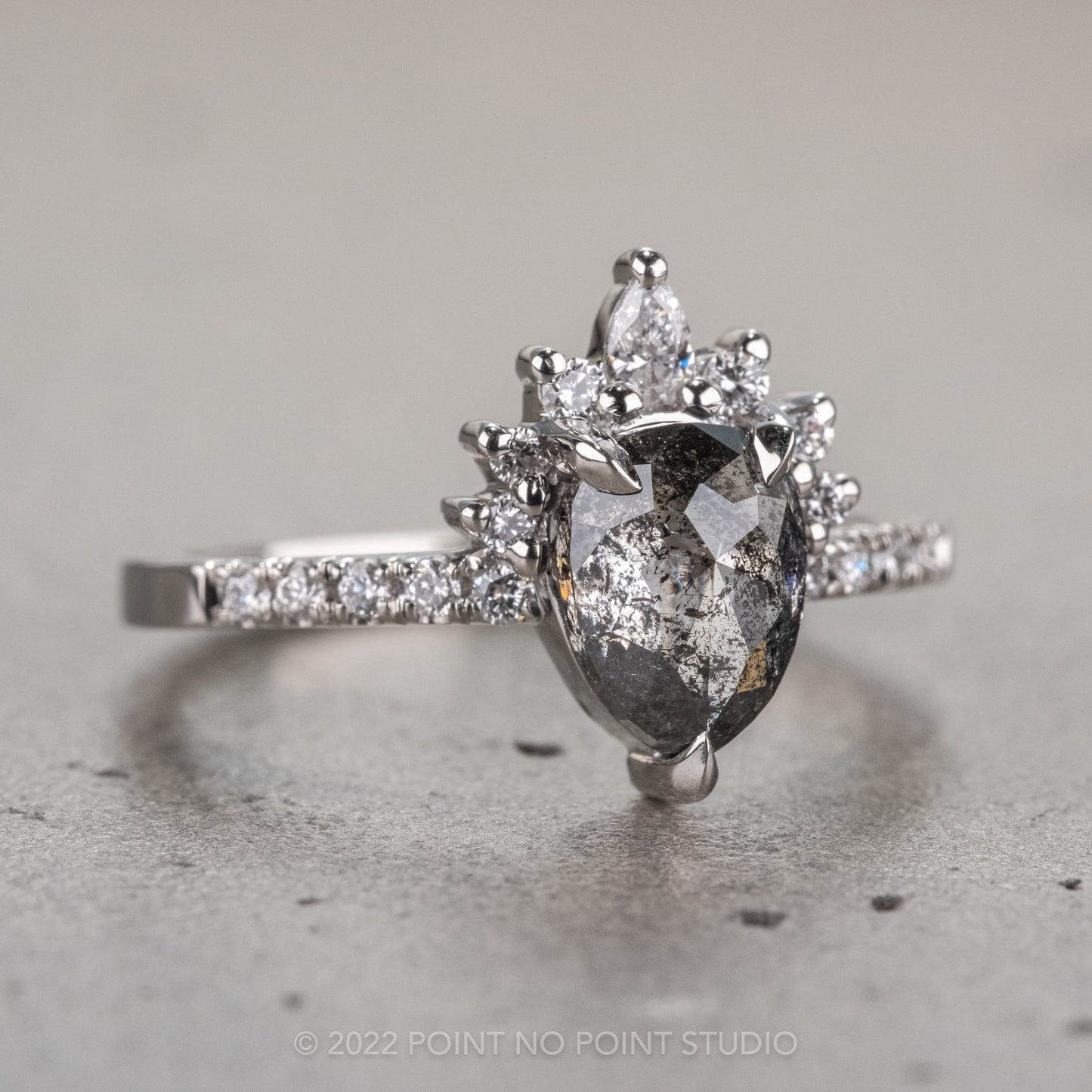 1.45 Carat Black Speckled Pear Diamond Engagement Ring, Avaline Setting