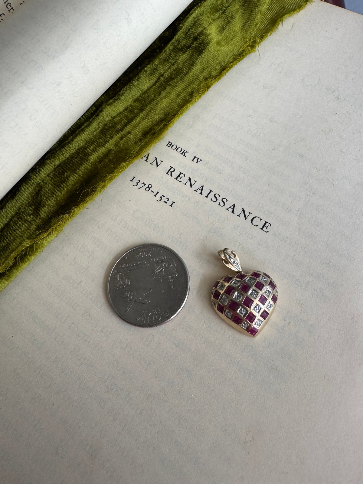 Vintage 14k Yellow Gold Puffed Heart Pendant w/ Natural Diamond & Ruby