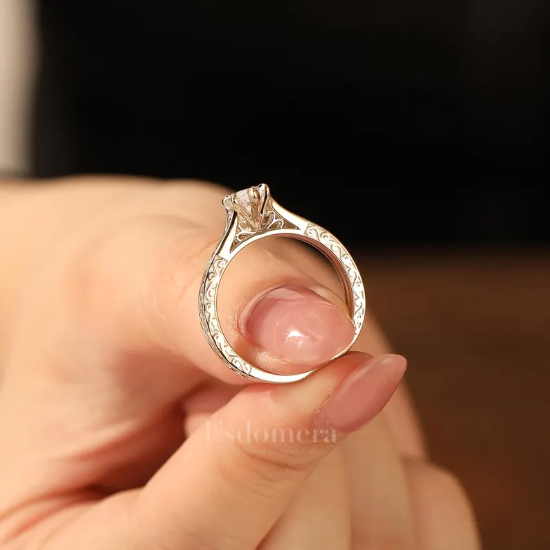 Antique Solitaire 1CT Marquise Moissanite Engagement Ring Set 14K Solid Gold Engraved Ring Set