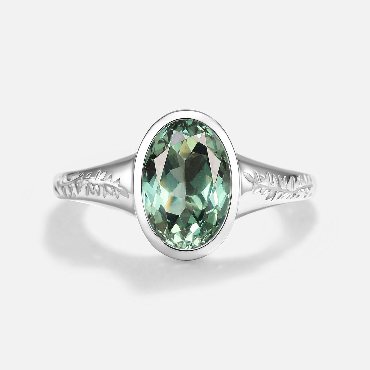 Oval Cut Bezel Lab Green Sapphire Engraved Engagement Ring - Dusk