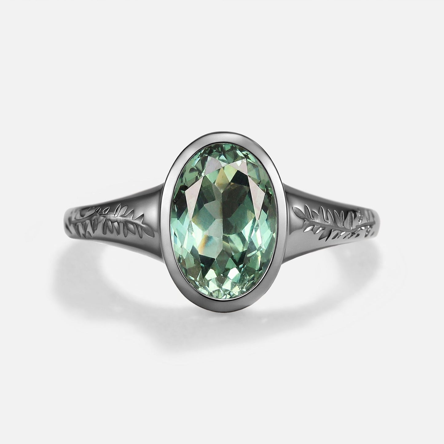Oval Cut Bezel Lab Green Sapphire Engraved Engagement Ring - Dusk