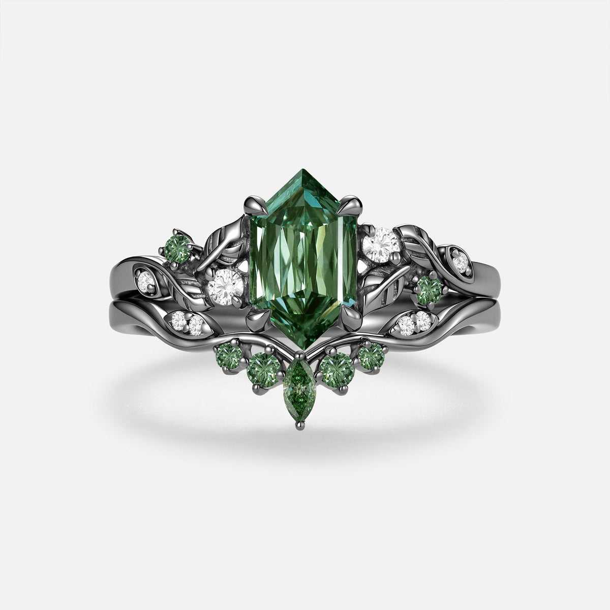 Elongated Hexagon Green Lab Grown Diamond Leaf Vintage Engagement  Ring Sets 2pcs - Adore