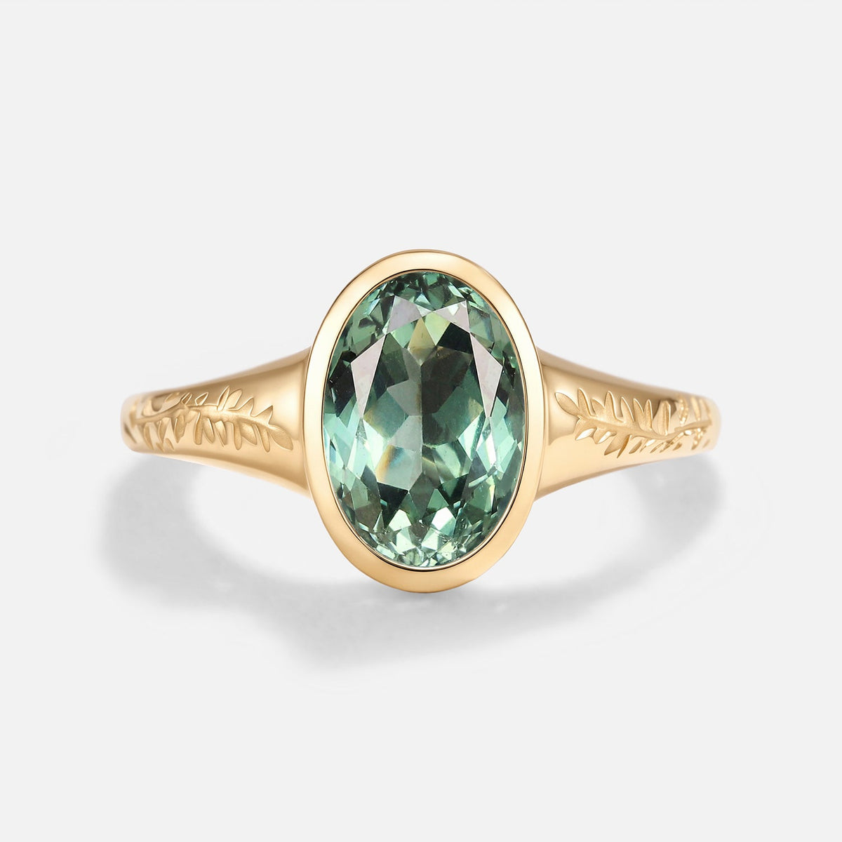 Oval Cut Bezel Lab Green Sapphire Engraved Engagement Ring - Dusk