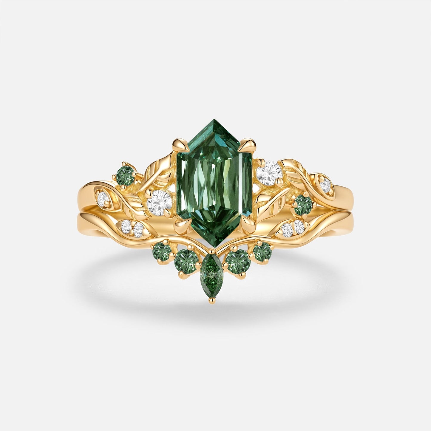 Elongated Hexagon Green Lab Grown Diamond Leaf Vintage Engagement  Ring Sets 2pcs - Adore
