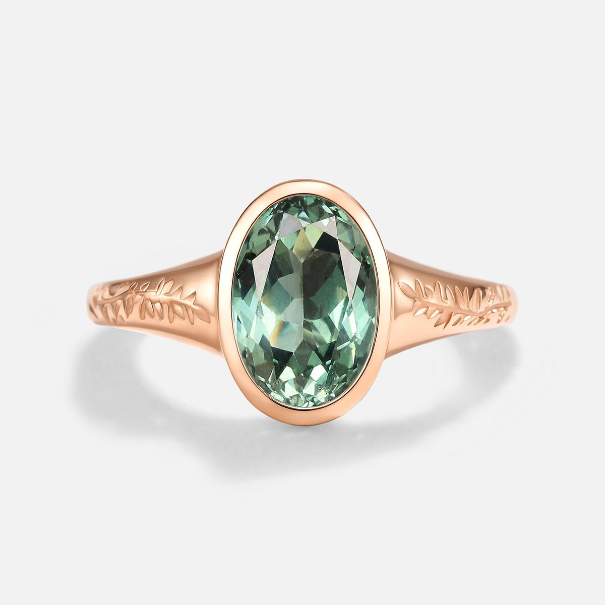Oval Cut Bezel Lab Green Sapphire Engraved Engagement Ring - Dusk