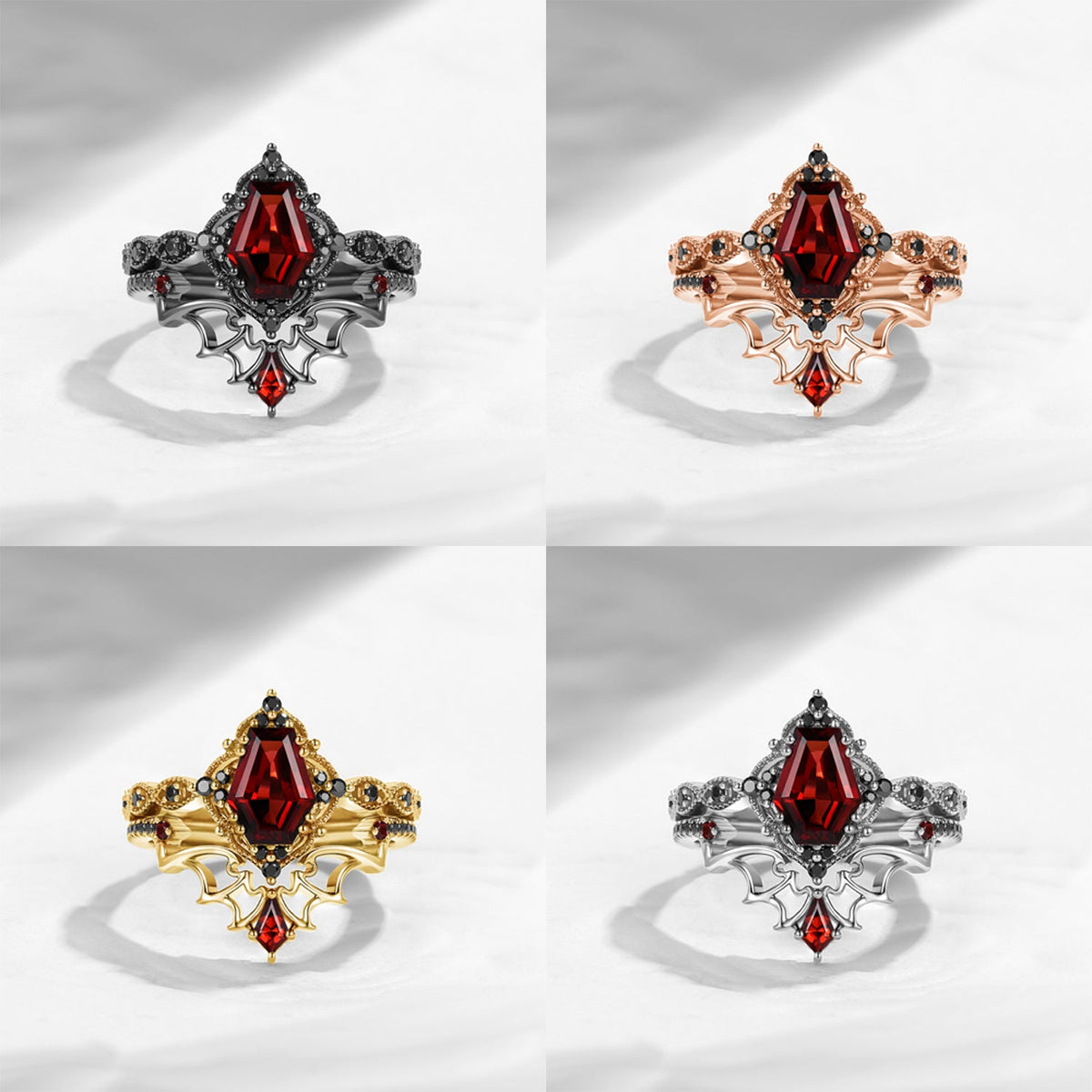 'Dark Romance' - Gothic Coffin Cut Garnet Engagement Ring Set with Bat Wings in Black Gold - Bat Ring