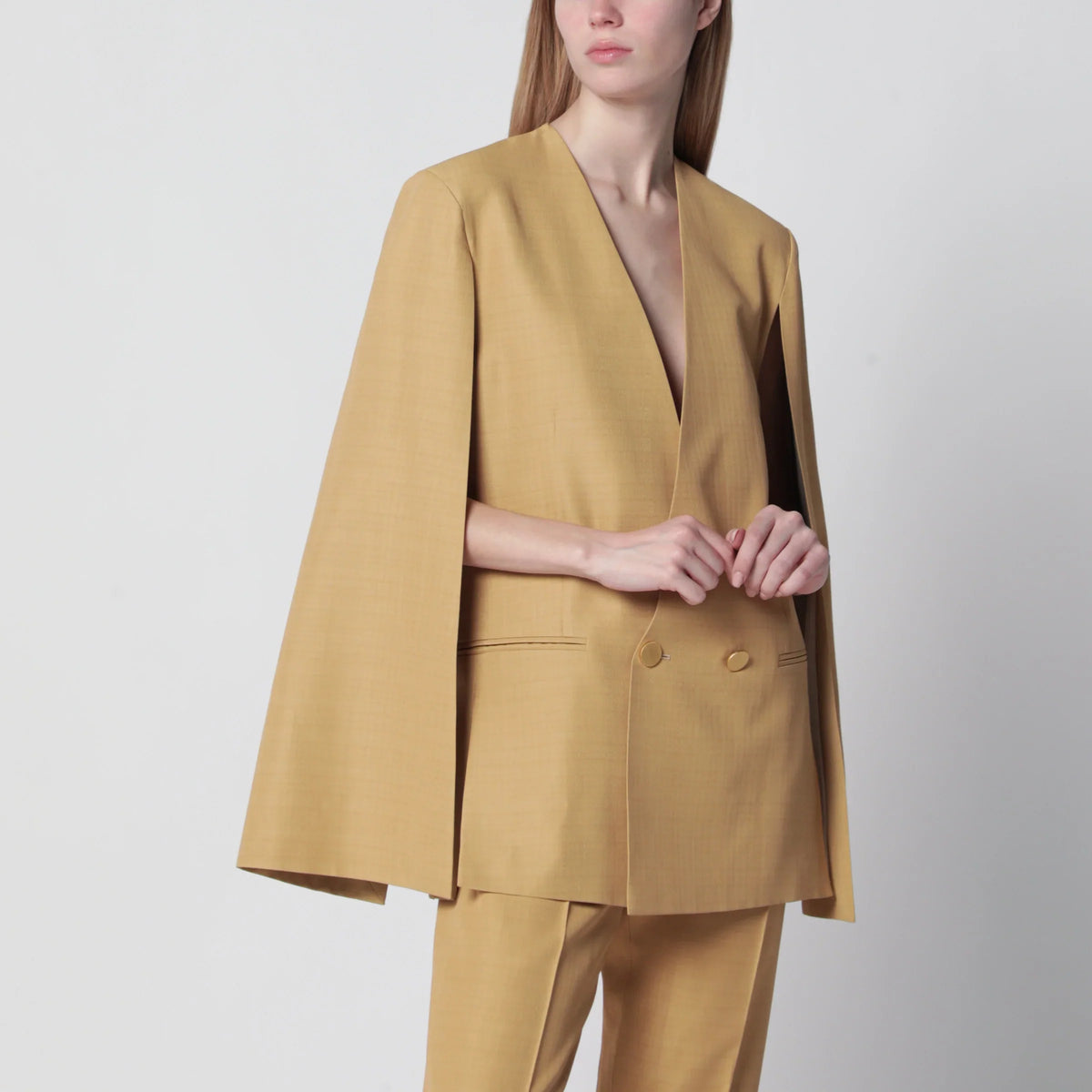 Alberta Ferretti - Beige ochre double-breasted silk jacket
