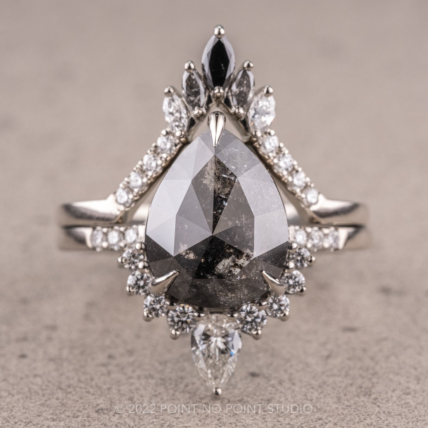 3.20 Carat Black Salt and Pepper Pear Diamond Engagement Ring, Avaline Setting