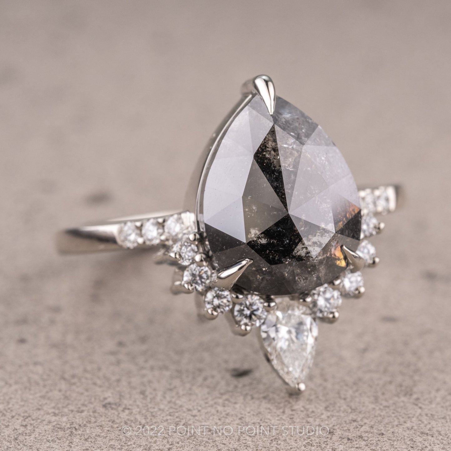 3.20 Carat Black Salt and Pepper Pear Diamond Engagement Ring, Avaline Setting